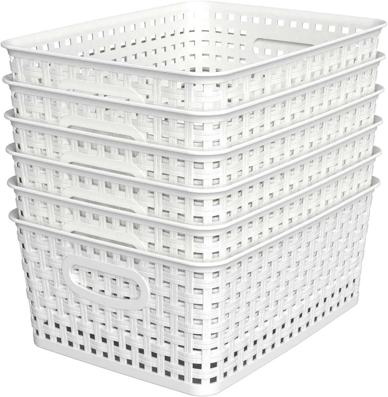 Woven Plastic Storage Baskets, 6 Pack White Weave Bins Organizer, 10.1" x 7.55" x 4.1"