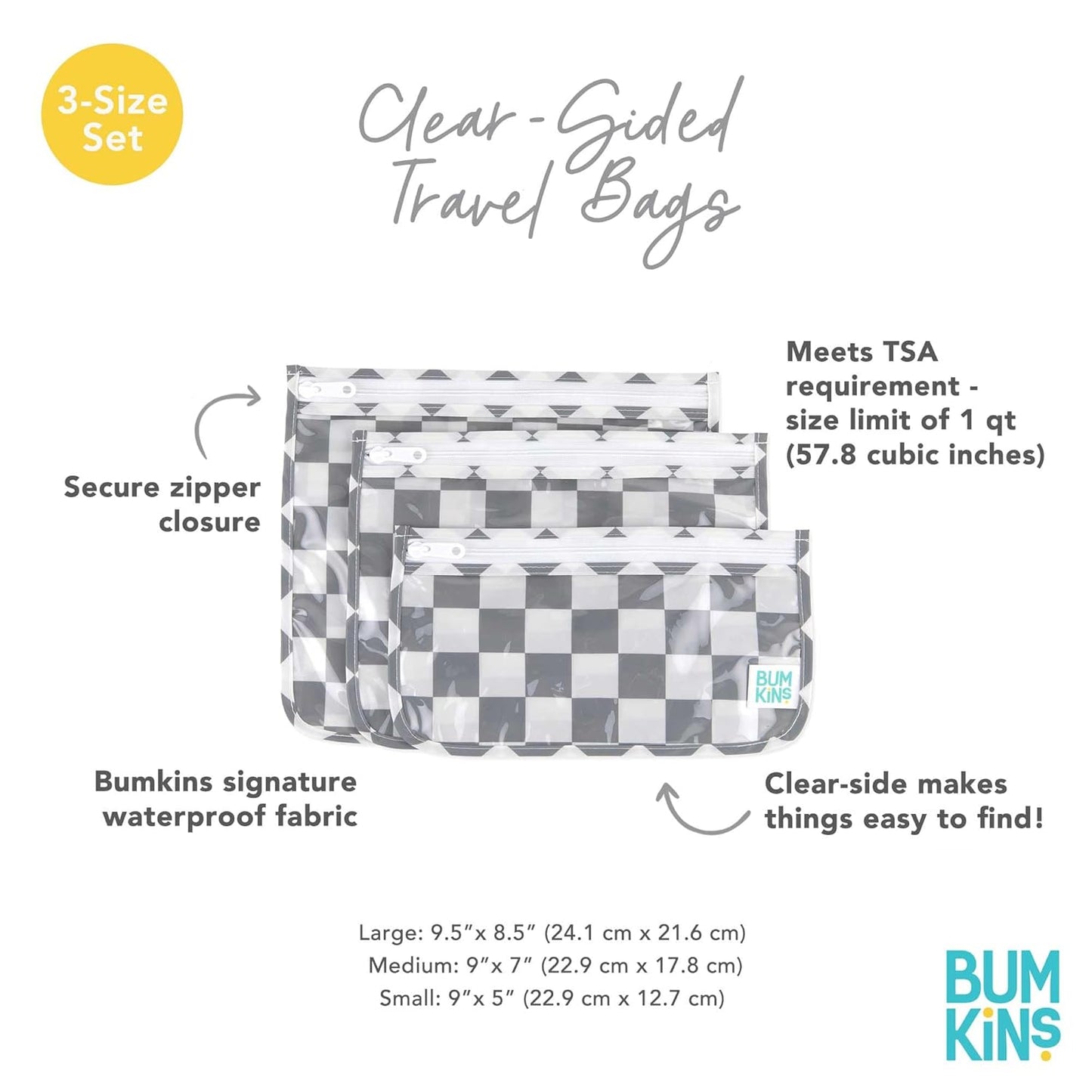 Bumkins Travel Bag, Toiletry, TSA Approved Pouch, Zip Bag, Quart Size Airline Compliant, Clear-Sided, Baby, Diaper Bag Organization, Makeup, Accessories, Packing, Set of 3 Sizes, Gray Check