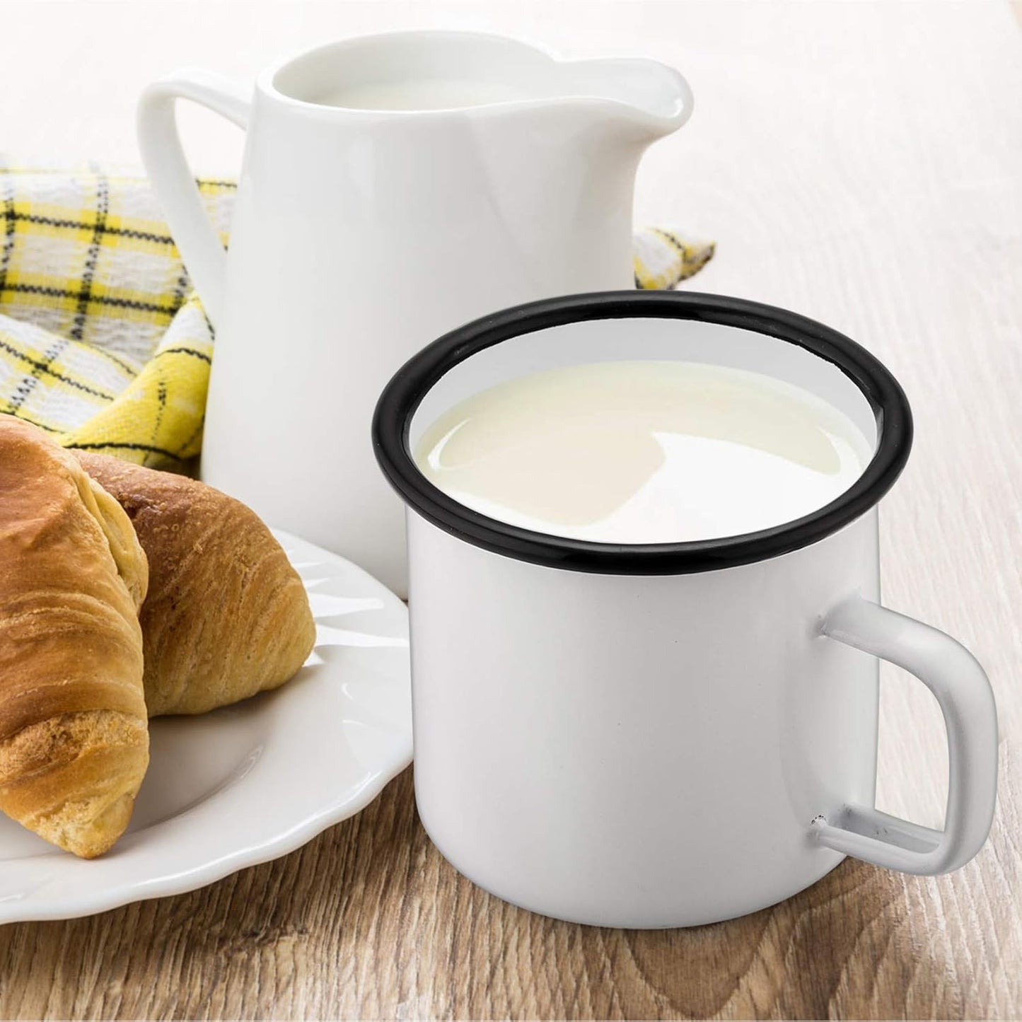 P&P CHEF Enamel Camping Coffee Mug Set of 6, Small Colored Mugs Cups for Family Gathering/Friend Party/Camping/Picnic/Fishing, Lightweight & Portable -12 Ounce, 350ML & White