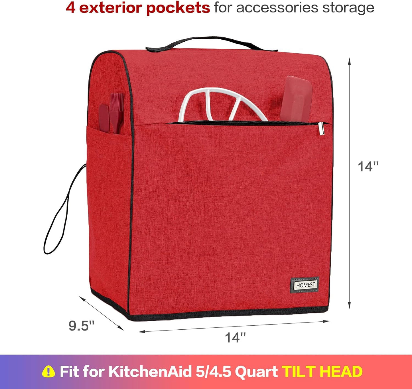 HOMEST Stand Mixer Dust Cover Compatible with KitchenAid 5/4.5 Quart Bowl Lift, Zipper Pocket for Various Kitchen Appliance Accessories, Red (Patent Design)
