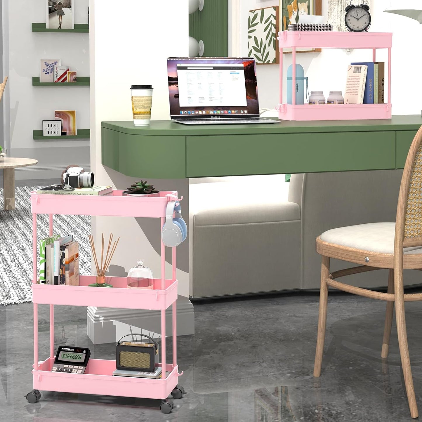 SPACEKEEPER Slim Rolling Storage Cart, 3 Tier Bathroom Organizer Utility Cart Laundry Room Organization Mobile Shelving Unit for Kitchen, Bathroom, Office, Bedroom, Narrow Places, Pink