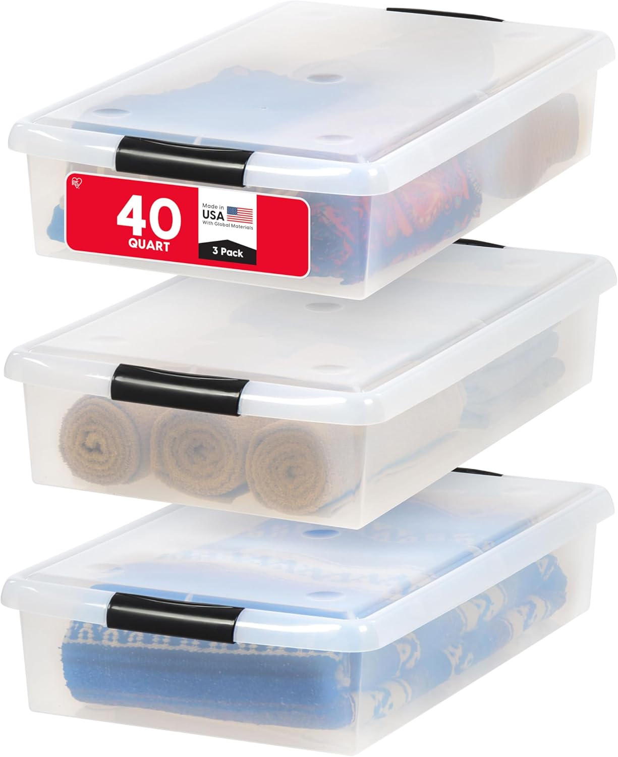 IRIS USA 40 Qt Plastic Under Bed Storage Nestable Organizer Bin Container with Secure Lids and Durable Buckles, 3-Pack, Under Bed Storage Containers for Clothes Shoes Bedding, Black/Clear