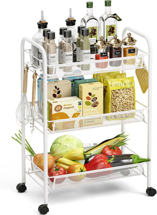 TOOLF 3-Tier Metal Rolling Cart, Mesh Wire Easy Assemble Utility Cart, Storage Trolley on Wheels with 3 Hooks, MetalStorage Shelving Units for Kitchen Bathroom Laundry Room