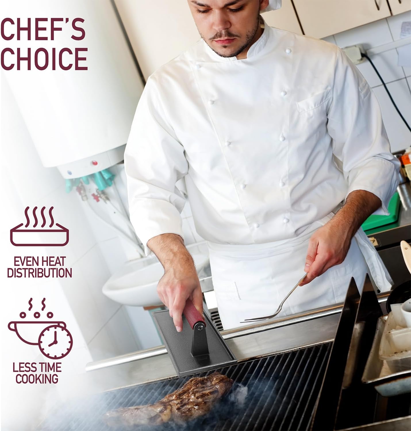 Cast Iron Grill Press - 8 x 4 Inch, 2.6 lb Griddle Press with Cool-Touch Wood Handle - Pre-seasoned for Steak, Burgers, Sandwiches, and Paninis – Non-Stick Grill Weight