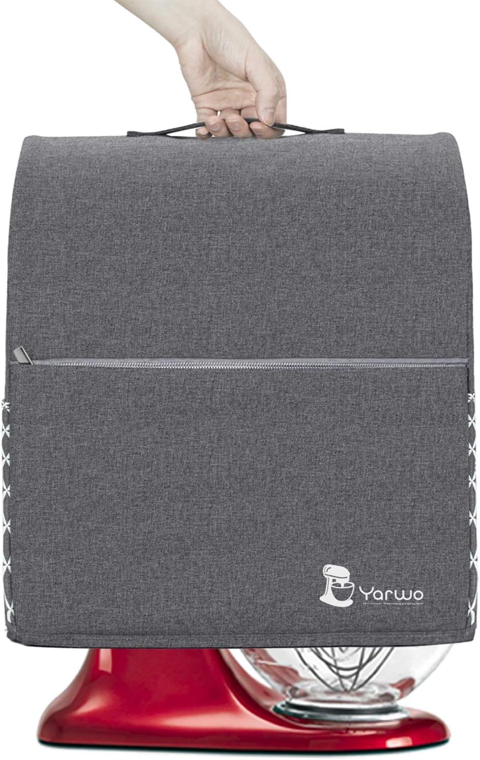 Yarwo Stand Mixer Cover Compatible with 4.5 qt and All 5 qt KitchenAid Mixer, Protective Dust Cover with Top Handle and Pockets for Accessories, Gray with Grid