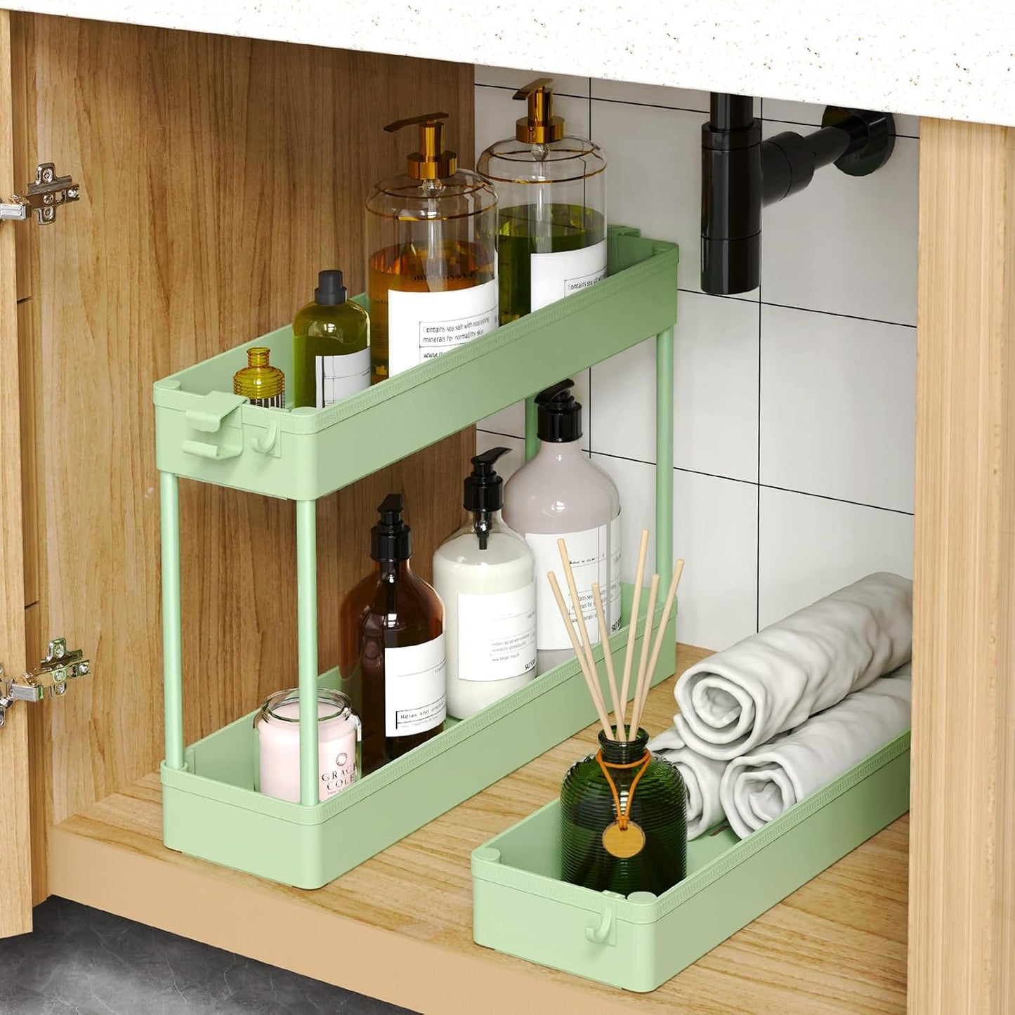 SPACEKEEPER Slim Rolling Storage Cart, 3 Tier Bathroom Organizer Utility Cart Laundry Room Organization Mobile Shelving Unit for Kitchen, Bathroom, Office, Bedroom, Narrow Places, Green