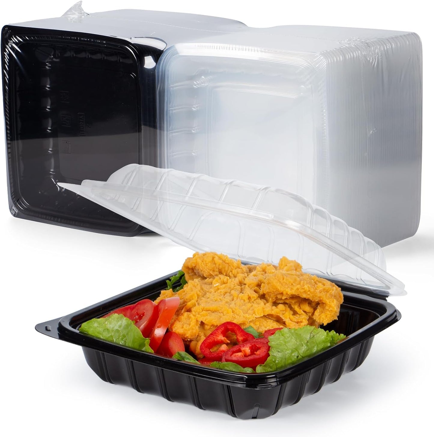 YANGRUI Takeout Containers 8" 34 oz 25 Pack - Steam Resistant Clamshell Lid | Shrink Wrap BPA Free PP Plastic | Reusable Heavy Duty Freezer & Microwave Safe | Restaurant 3 Compartment Food Container