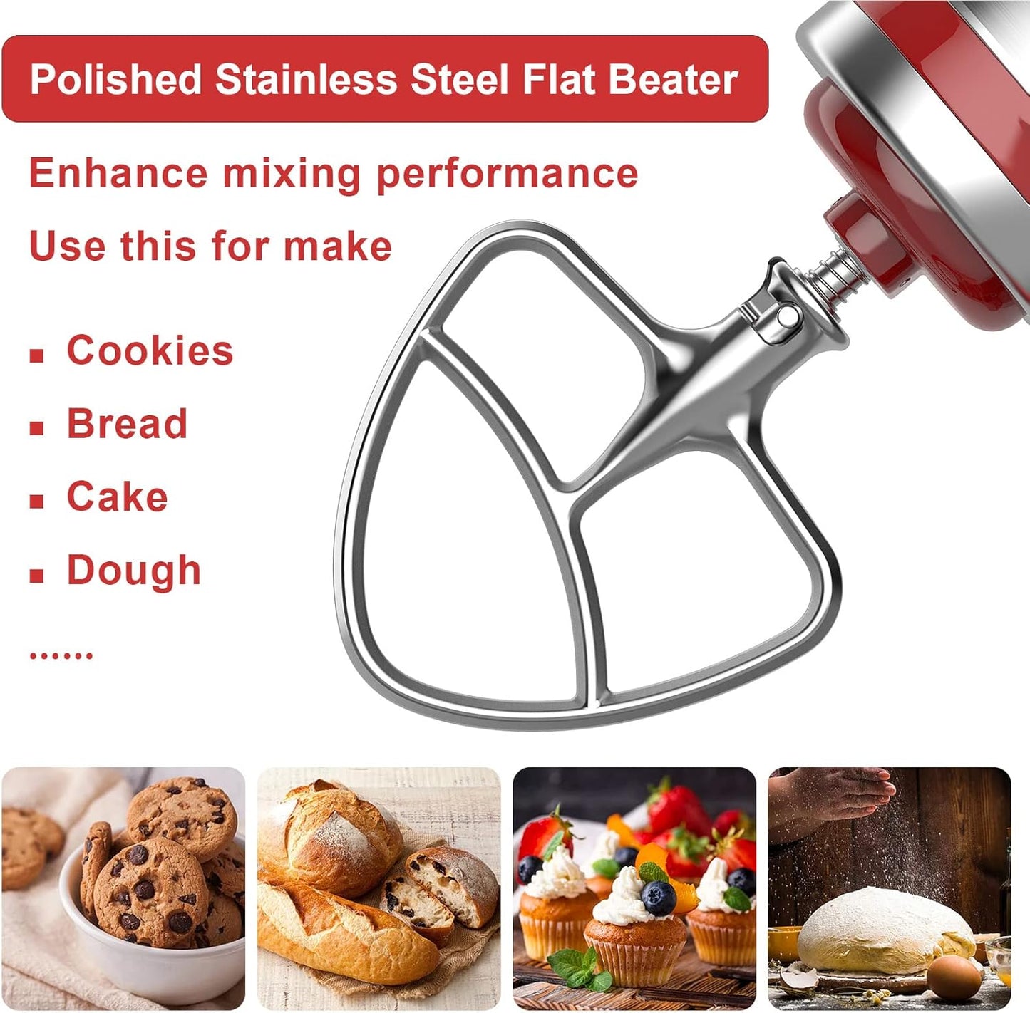 Stainless Steel Beaters for KitchenAid Stand Mixer, 4.5-5Qt Tilt-Head Paddle Attachment for Kitchenaid Mixer, Polished Flat Beater for KitchenAid-Dishwasher Safe by HOZODO