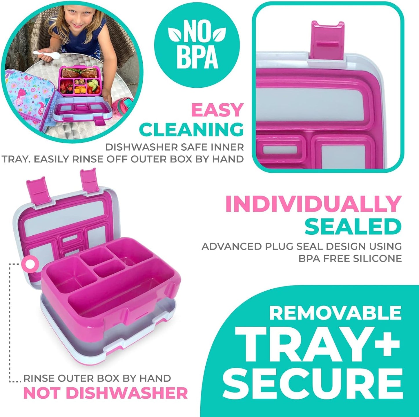 Bento Box, Lunch Bag, Ice Pack Water Bottle Set for Kids - 5 Compartments, Removable Tray, Lunches or Snack Container Girls Toddlers Daycare Pre-School, Kindergarten Pink Purple Fairy Princess