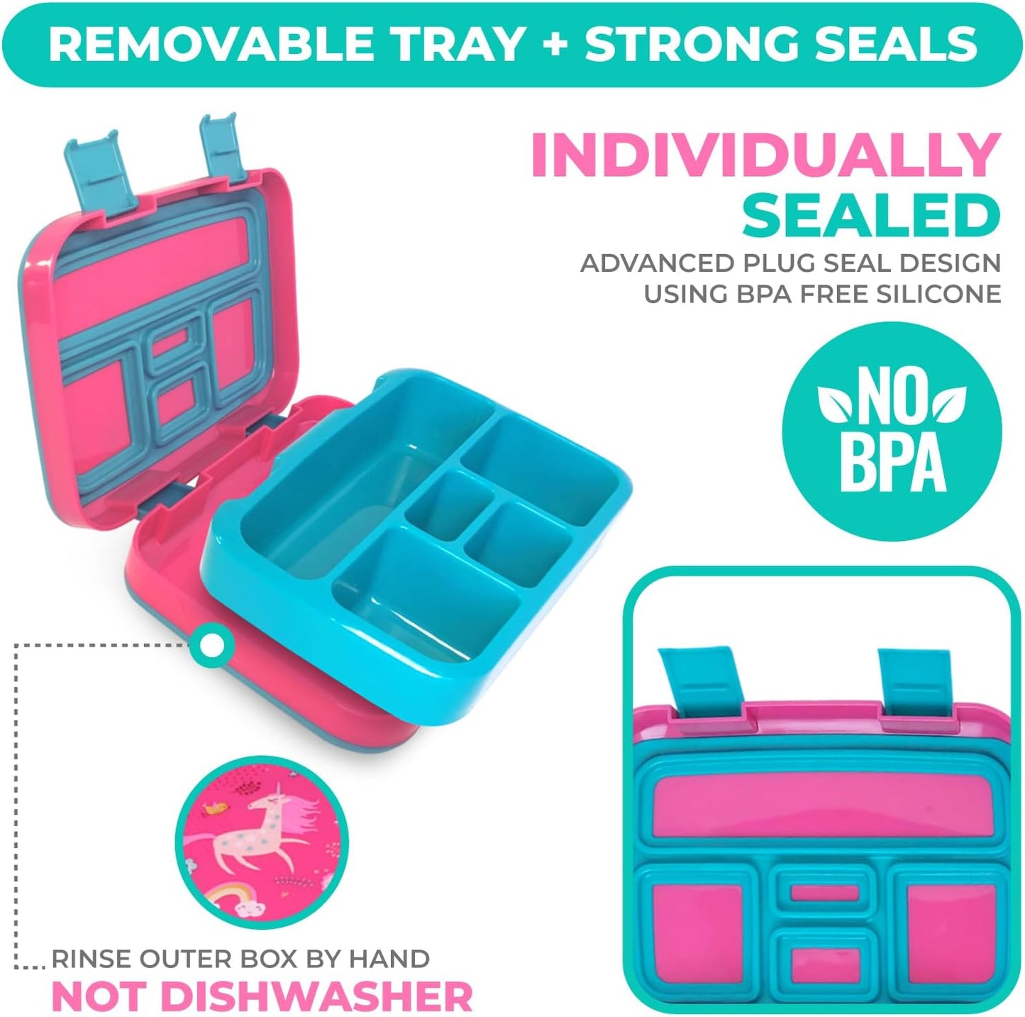 Bento Lunch Box for Kids Toddlers Boys Girls, 5 Portion Sections Secure Lid, Microwave Safe BPA Free Removable Tray, Pre-School Kid Daycare Lunches Snack Container, Unicorn Dinosaur 2 pack