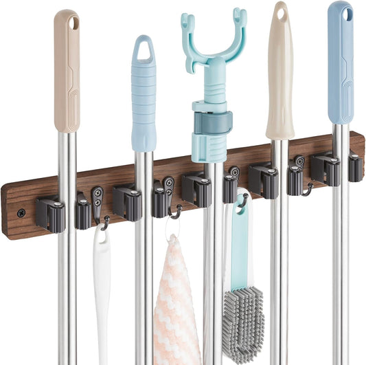 Mop and Broom Holder Wall Mount - Wood Broom Mop Hanger - Wall Mounted Garden Tool Rack Organizer for Closet Garage Laundry Room for Rustic Kitchen Decor With 5 Slots & 4 Hooks