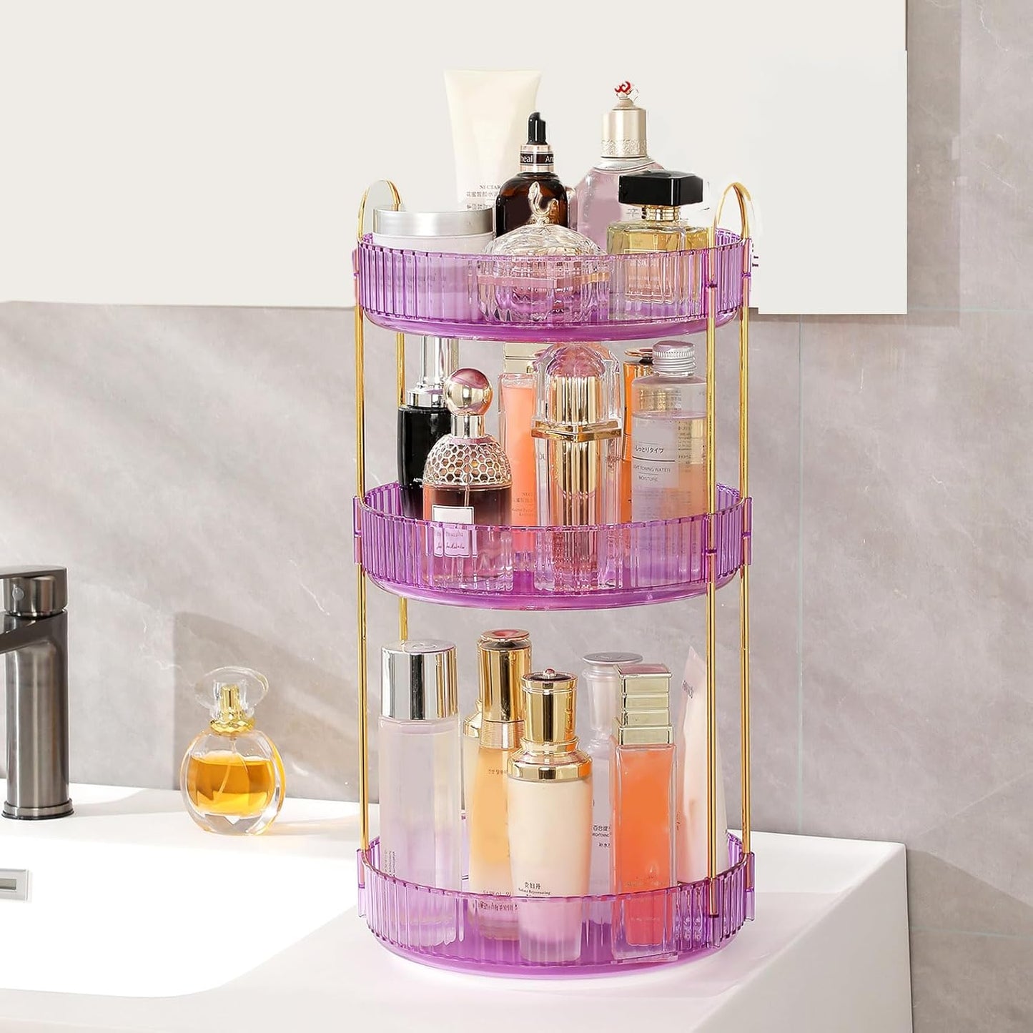 Aveniee Rotating Makeup Organizer for Vanity, Perfume Skincare Organizerss Large, Spinning Bathroom Counter Shelf Holder for Cosmetics, Skin Care, Lipsticks,3 Tiers, Purple