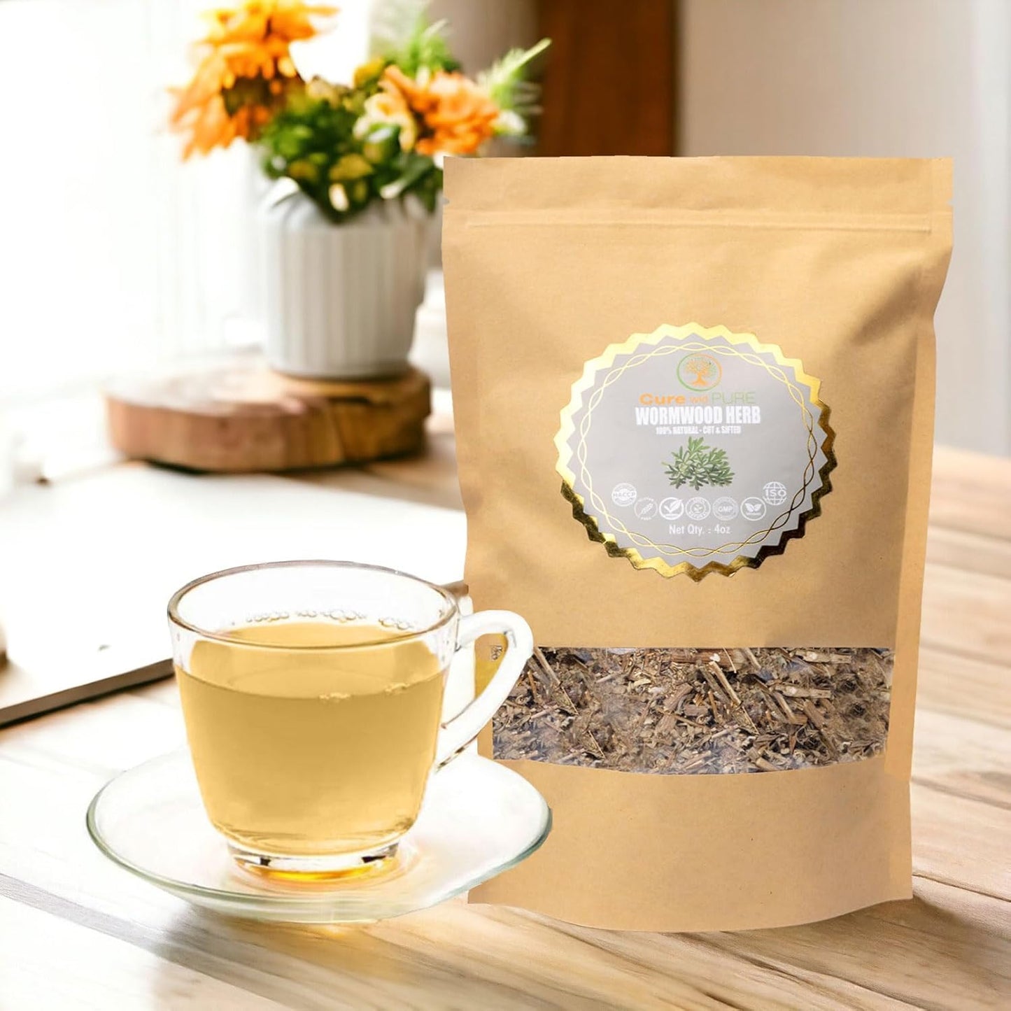 Cure wid Pure Organic Wormwood Herb Dried Cut & Sifted 4oz/114g - Artemisia Absinthium - Non-GMO,Preservative & Additives Free Wormwood Tea In Eco Friendly Resealable Pouch Traditional Herbal Remedy