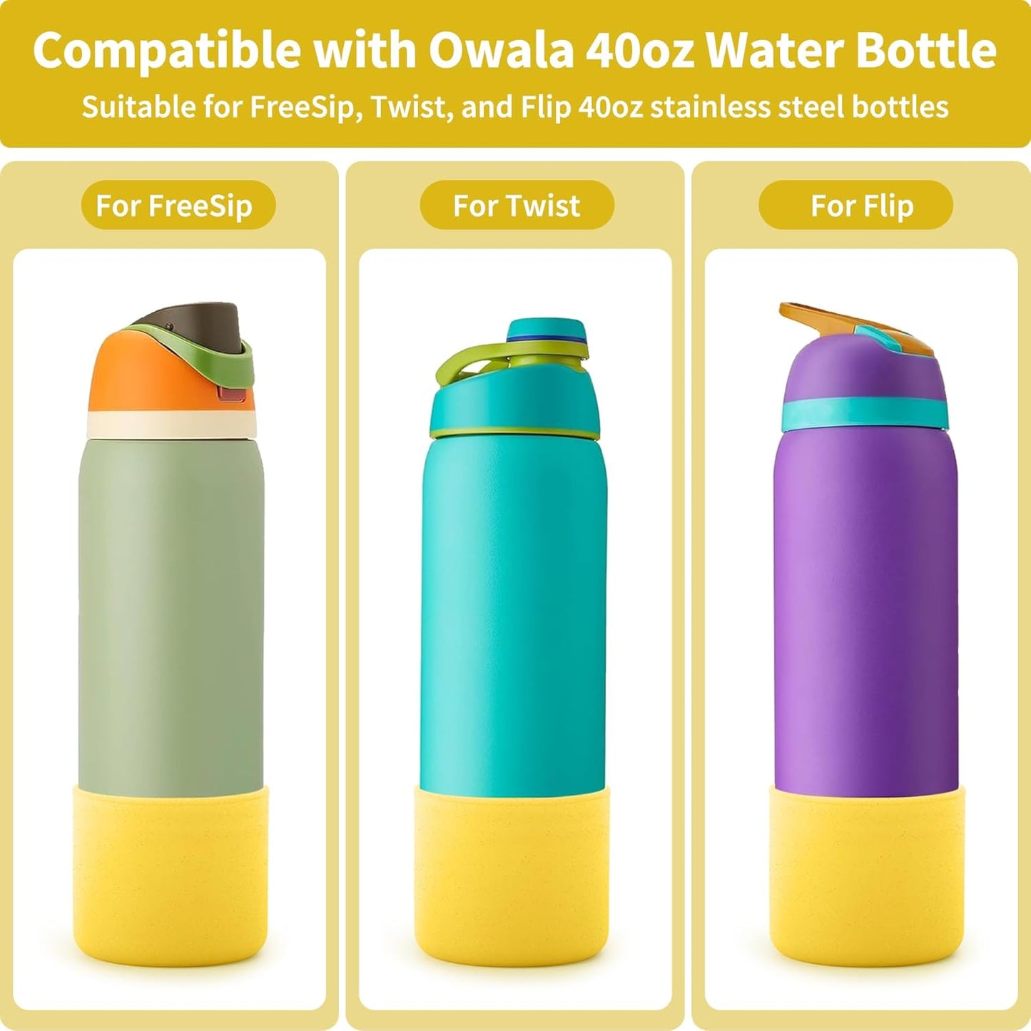 Silicone Water Bottle Boot for Owala 40 oz, Anti-Slip Protective Sleeve for Owala Twist & FreeSip & Flip Stainless Steel Water Bottle, Boot Bottom Base (Glitter Yellow)