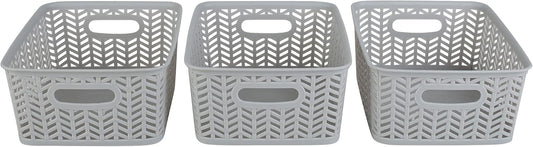Simplify 3 Pack Small Herringbone Storage Basket | Dimensions: 10"x8"x4" | 2 Open Handles | Lightweight | Grey | Herringbone Design | Home Organization