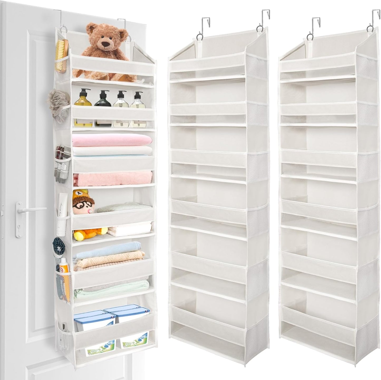 ULG 2 Pack Over The Door Organizer with 6 Large Pockets 12 Side Pockets, 50lbs Weight Capacity Door Hanging Organizer for Bedroom, Bathroom, Pantry, Nursery Storage, Beige