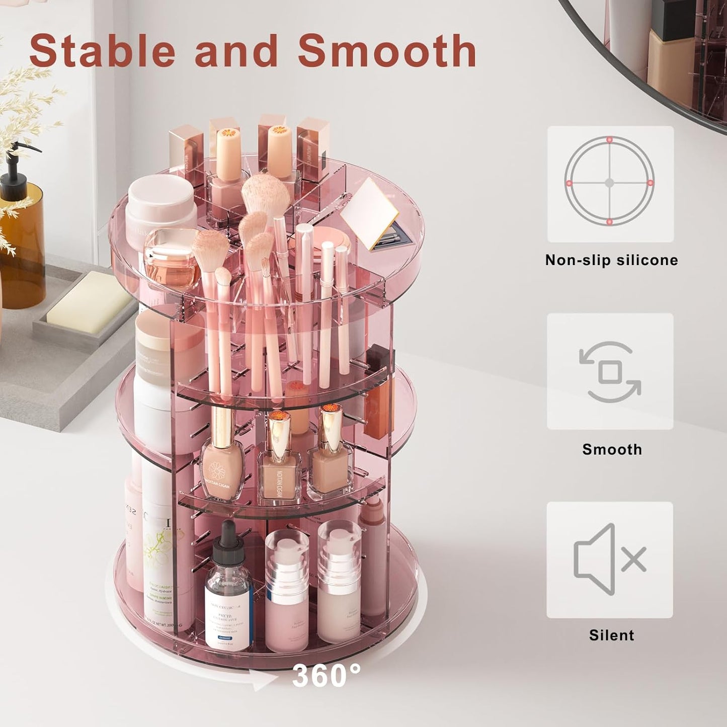 360 Rotating Makeup Organizer with Lipstick Slots, 8 Adjustable Layers Spinning Skincare Organizers, Large Capacity Desk Storage, Carousel Cosmetic Shelf for Vanity Bathroom Countertop