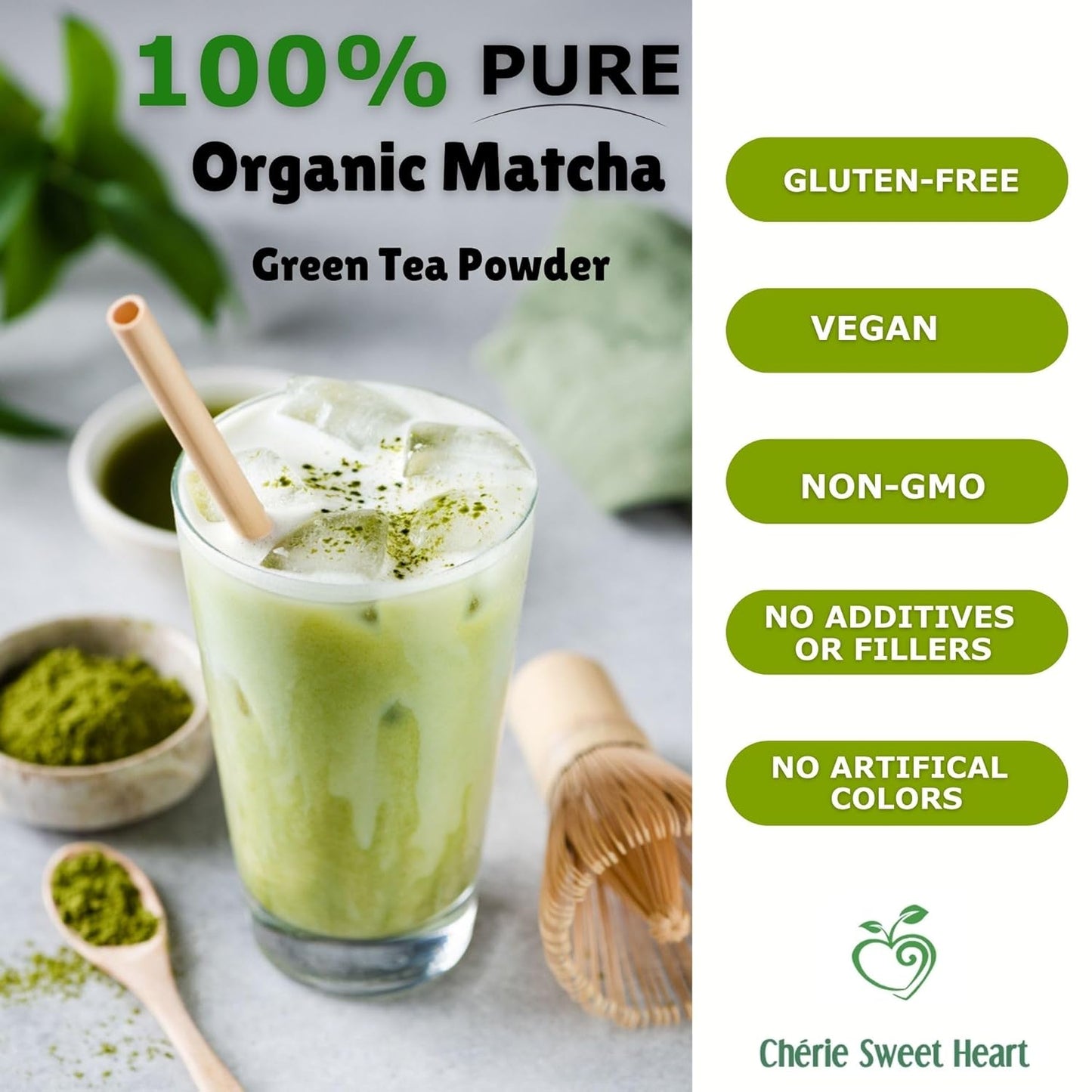 Cherie Sweet Heart Organic Matcha Green Tea Powder - Premium Culinary Grade, Authentic Japanese Origin, Antioxidant-Rich, Gluten-Free, Vegan – Perfect for Lattes, Cooking, Baking & Smoothies – 16oz Resealable Bag