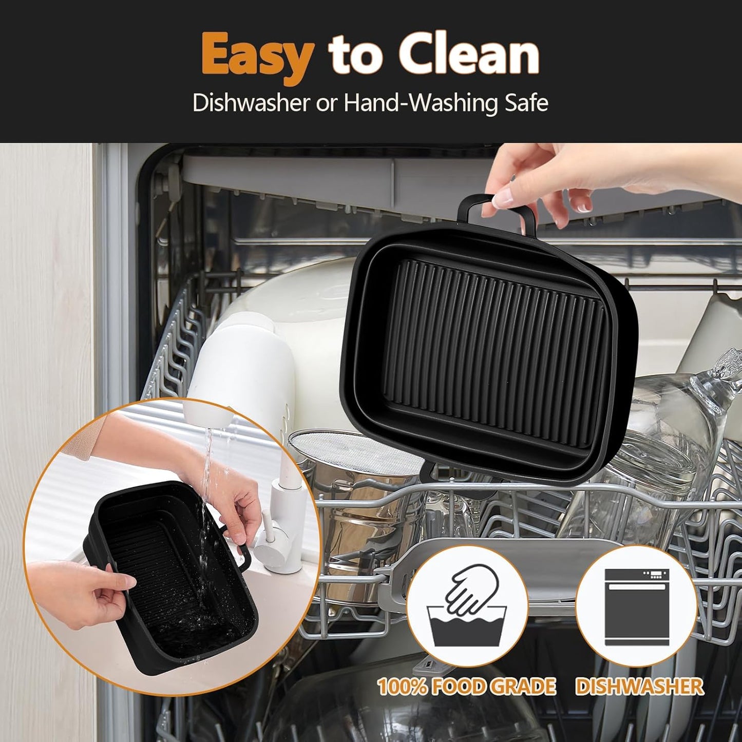 Collapsible 2-Pack Air Fryer Silicone Liners for 8QT & 10QT NINJA Foodi Dual, Rectangular Air Fryer Silicone Pot, Reusable Silicone Air Fryer Basket for Air Fryer Accessories(Black)