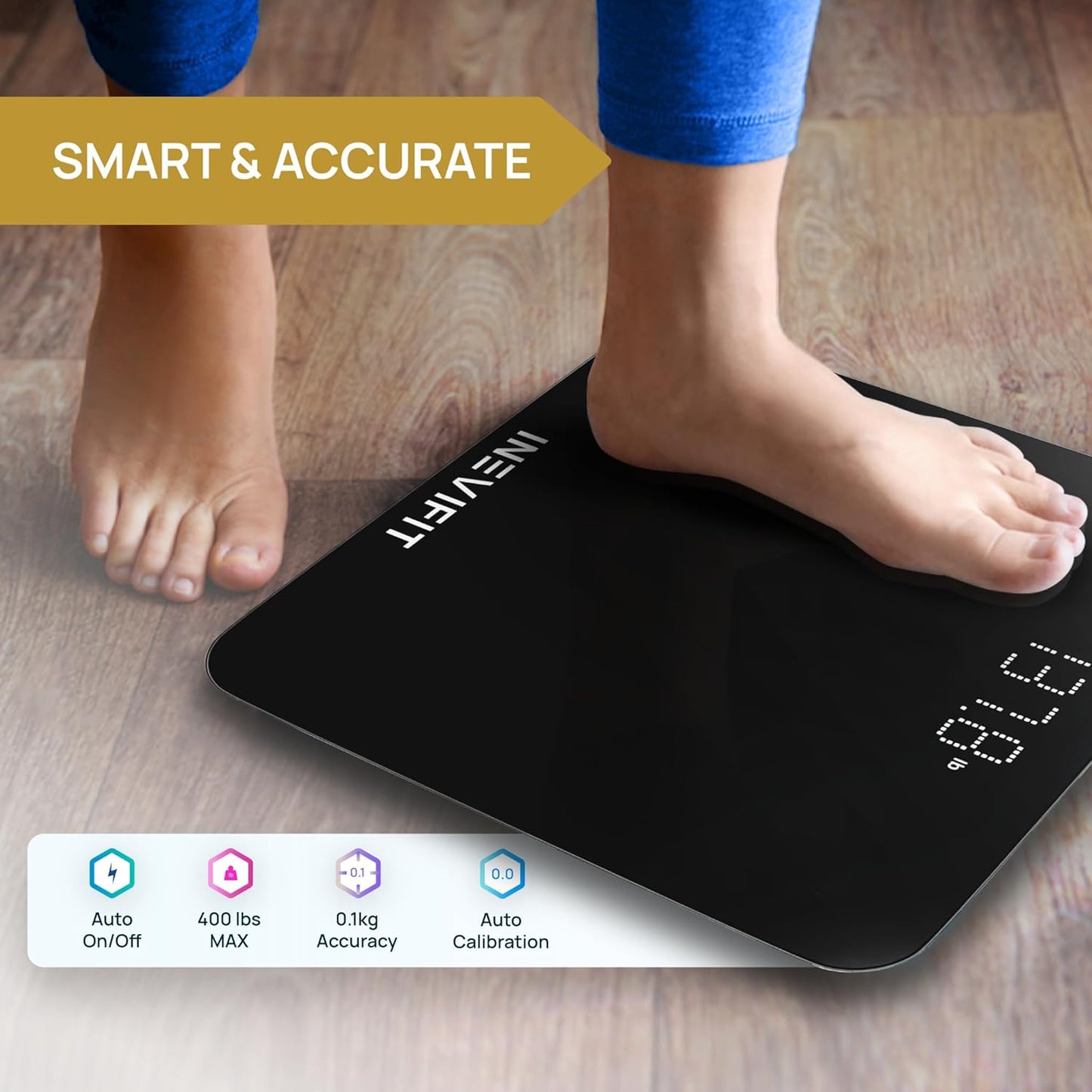 INEVIFIT Smart Bathroom Scale, Highly Accurate Bluetooth Digital Bathroom Body Weight Scale, Precisely Measures Weight & BMI for Unlimited Users (S-Black)