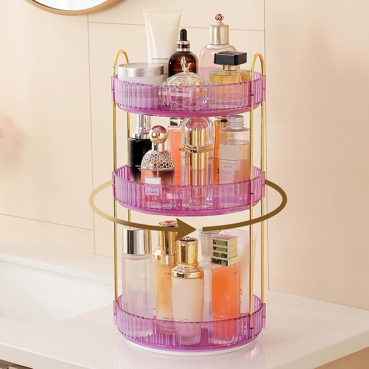 Aveniee Rotating Makeup Organizer for Vanity, Perfume Skincare Organizerss Large, Spinning Bathroom Counter Shelf Holder for Cosmetics, Skin Care, Lipsticks,3 Tiers, Purple