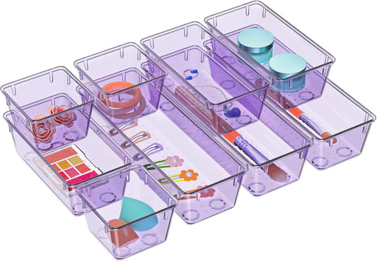 WOWBOX 9 Pack Clear Drawer Organizer Set, Acrylic Drawer Storage Trays, Storage Bins for Makeup, Cosmetics, Jewelries, Utensils, Gadgets, Office, Purple