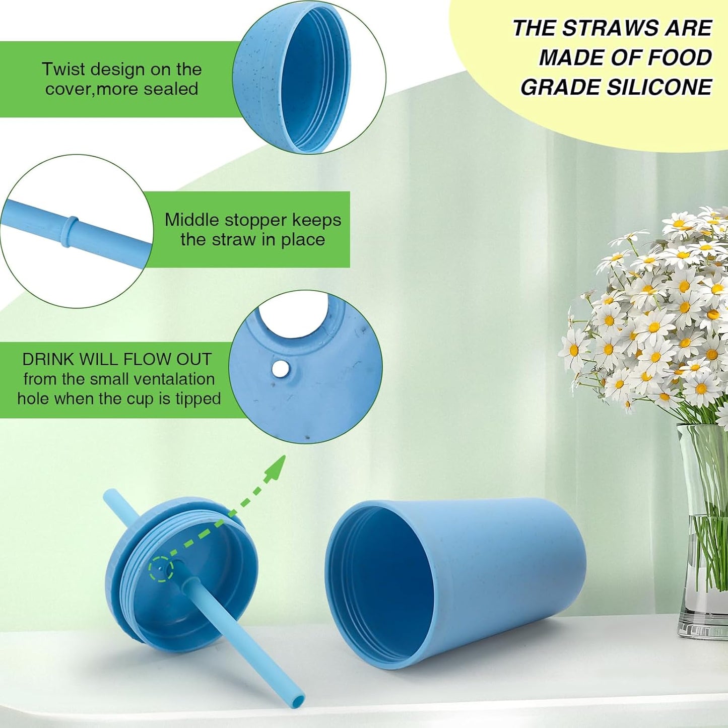 10 oz Wheat Straw Cups with Lids and Silicone Straws, Unbreakable Drinking Glasses, Plastic Cups for Kitchen, Small Tumbler Cups with Cleaning Brush, BPA Free, Dishwasher & Microwave Safe, 6 Pack