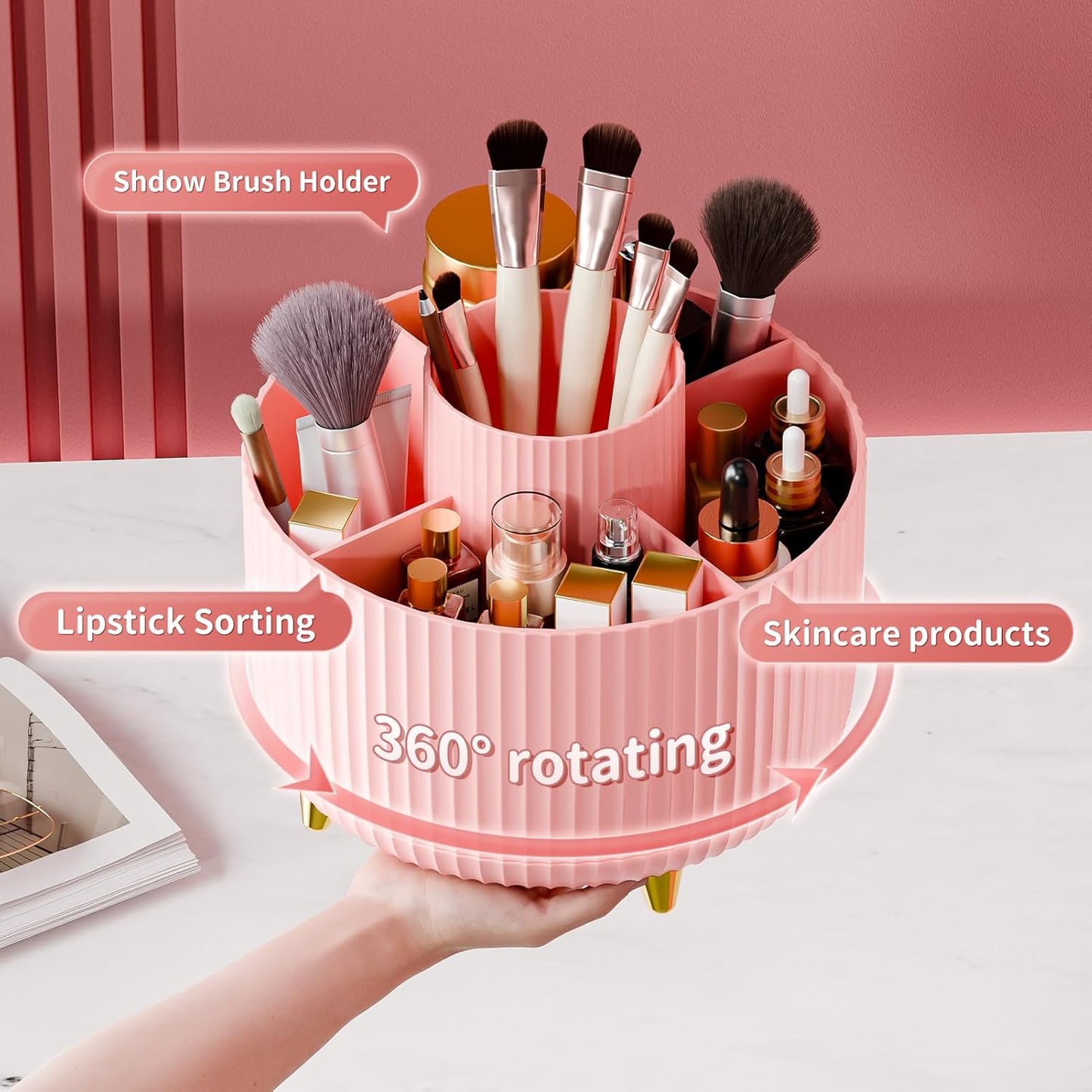 360° Rotate Makeup Brush Holder Organizer, Makeup Organizers Countertop, Makeup organization and Skincare Storage for Vanity, Desktop, Bathroom (Pink)