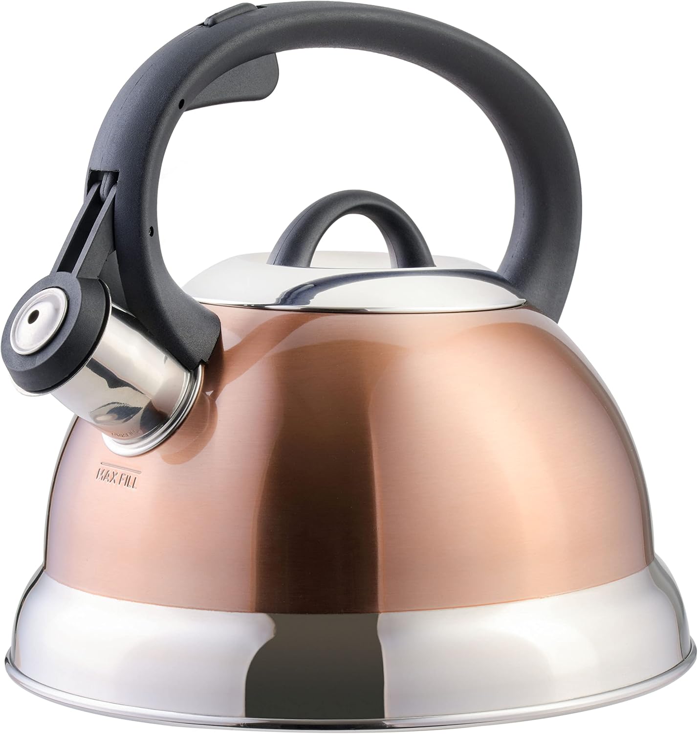 Mr. Coffee Flintshire 1.75-Quart Stainless Steel Whistling Tea Kettle with Nylon Handle – Copper Finish Stove-Top Kettle for Boiling Water