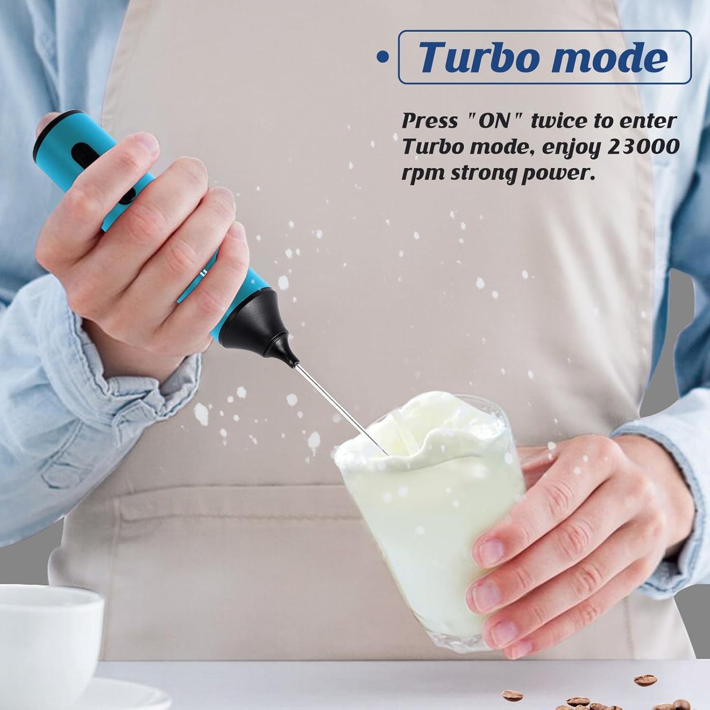 MF05 Rechargeable Milk Frother USB Charging Handheld Foam Maker with Stainless Balloon Whisk for Cappuccino, Latte, Bulletproof Coffee, Keto Diet, Protein Powder, Matcha (Azure Blue)