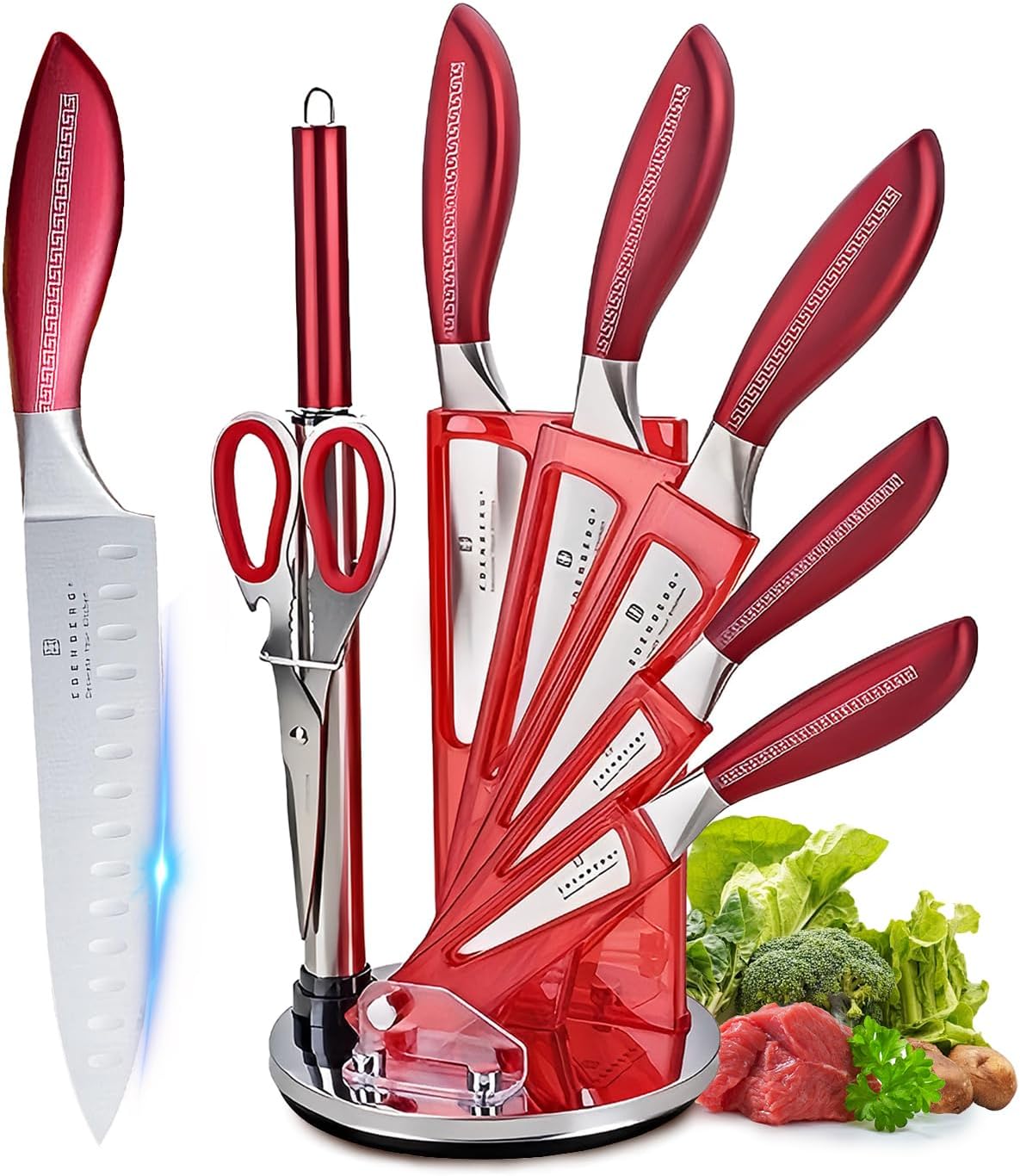Kitchen Knife Set, Retrosohoo 9-Piece Red Sharp Non-Stick Coated Chef Knives Block Set,Stainless Steel Knife Set for Kitchen with Sharpener for Cutting Slicing Dicing Chopping (Red)