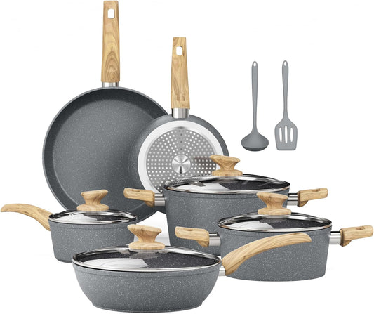 Kitchen Academy Induction Cookware Sets - 12 Piece Gray Cooking Pan Set, Granite Nonstick Pots and Pans Set