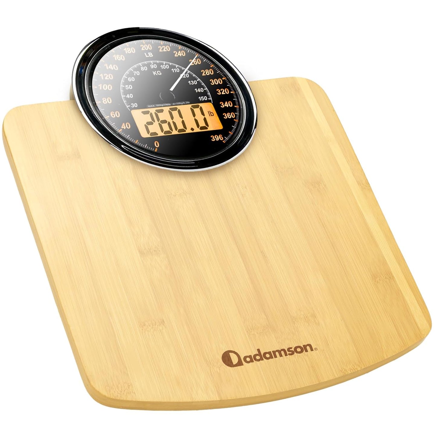 Adamson Hybrid 2-in-1 Analog & Digital Weighing Scale for Body Weight up to 400lbs - Thick Tempered Glass - Extra Large Display - Easy to Read Digital Bathroom Scale - New - Wood