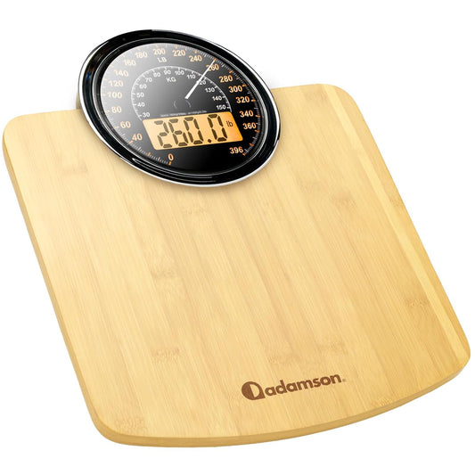 Adamson Hybrid 2-in-1 Analog & Digital Weighing Scale for Body Weight up to 400lbs - Thick Tempered Glass - Extra Large Display - Easy to Read Digital Bathroom Scale - New - Wood