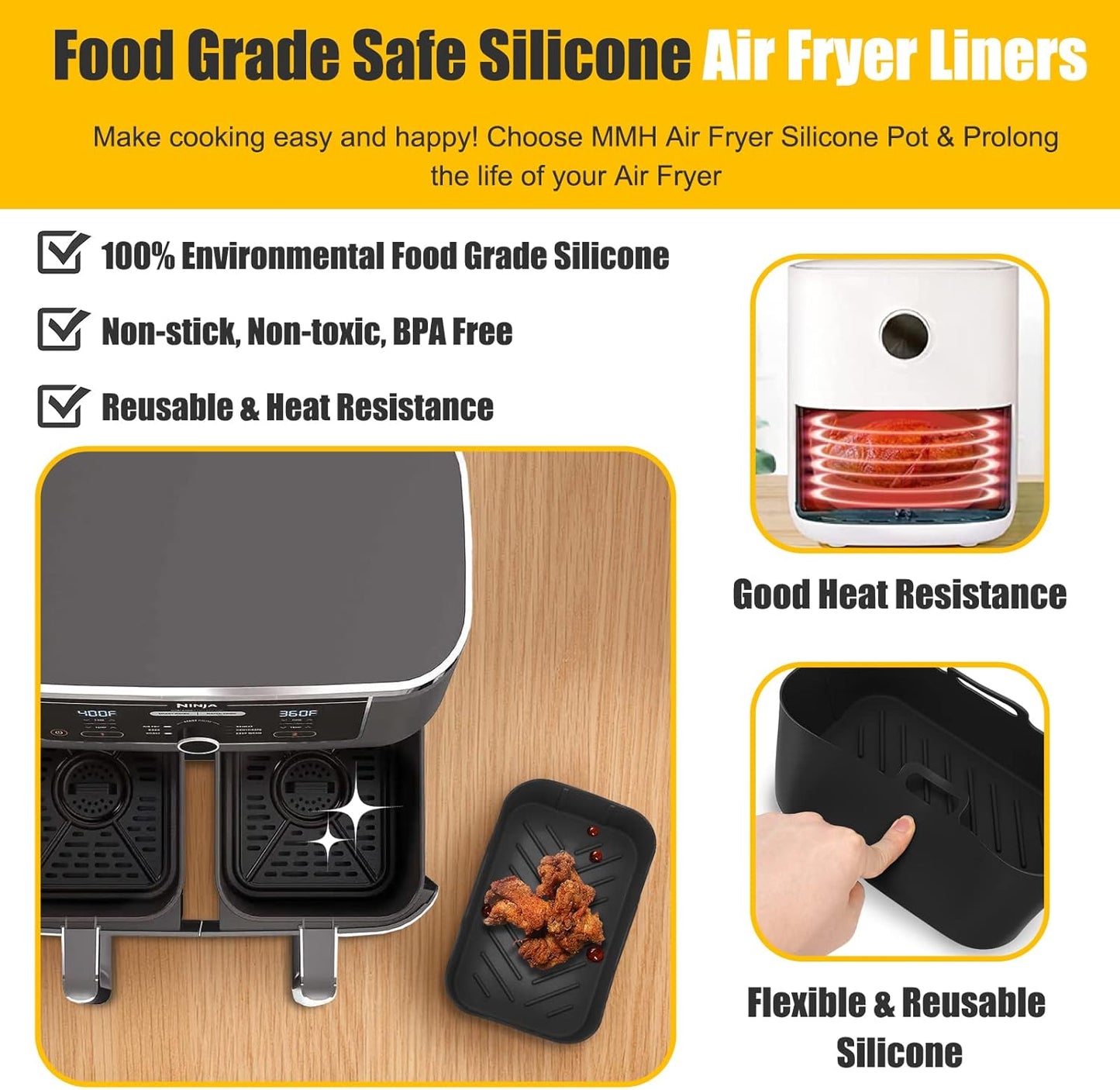 Air Fryer Silicone Liners 10QT for Ninja DZ550 DZ550GY/DZ302/DZ401,MMH 2Pcs Rectangle Food-Grade Airfryer Pot Reusable Replacement Baking Basket Accessories for Ninja 10 QT 10in1 Dual Air Fryer,Black