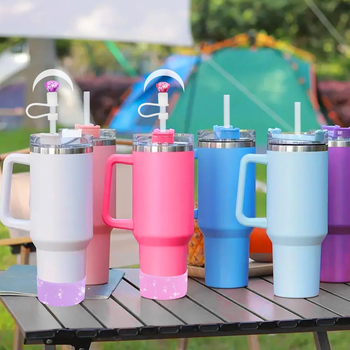 Mity rain Set for Stanley Cup Accessories, Including 2Pcs Diamond Straw Topper, 4 Pcs Silicone Spill Proof Stopper, 2Pcs Protective Glitter Silicone Boot,Set for Stanley Cup 40/30 OZ(Pink+purple)