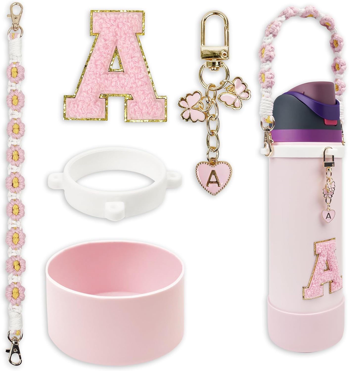 SITKOL Silicone Boot Cute Monogram Set Compatible with Owala Water Bottle 24 oz, 32 oz, 40 oz - Perfect Letter Owala Accessories for Owala Tumbler, Owala Free Sip, Pink Owala, Black Owala