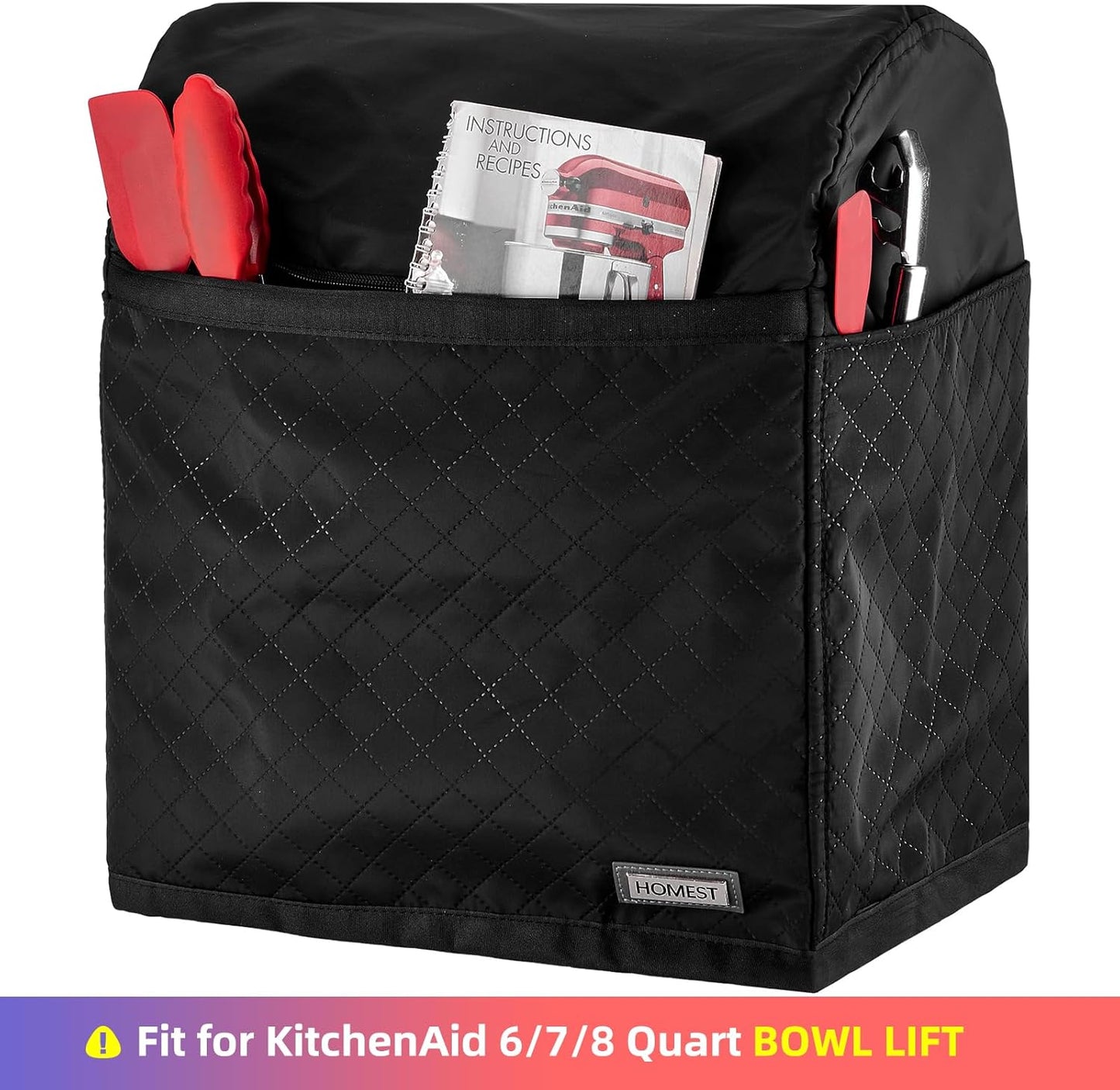 HOMEST Stand Mixer Quilted Dust Cover with Pockets Compatible with KitchenAid 6/7/8 Quart Bowl Lift, Black(Patent Design)