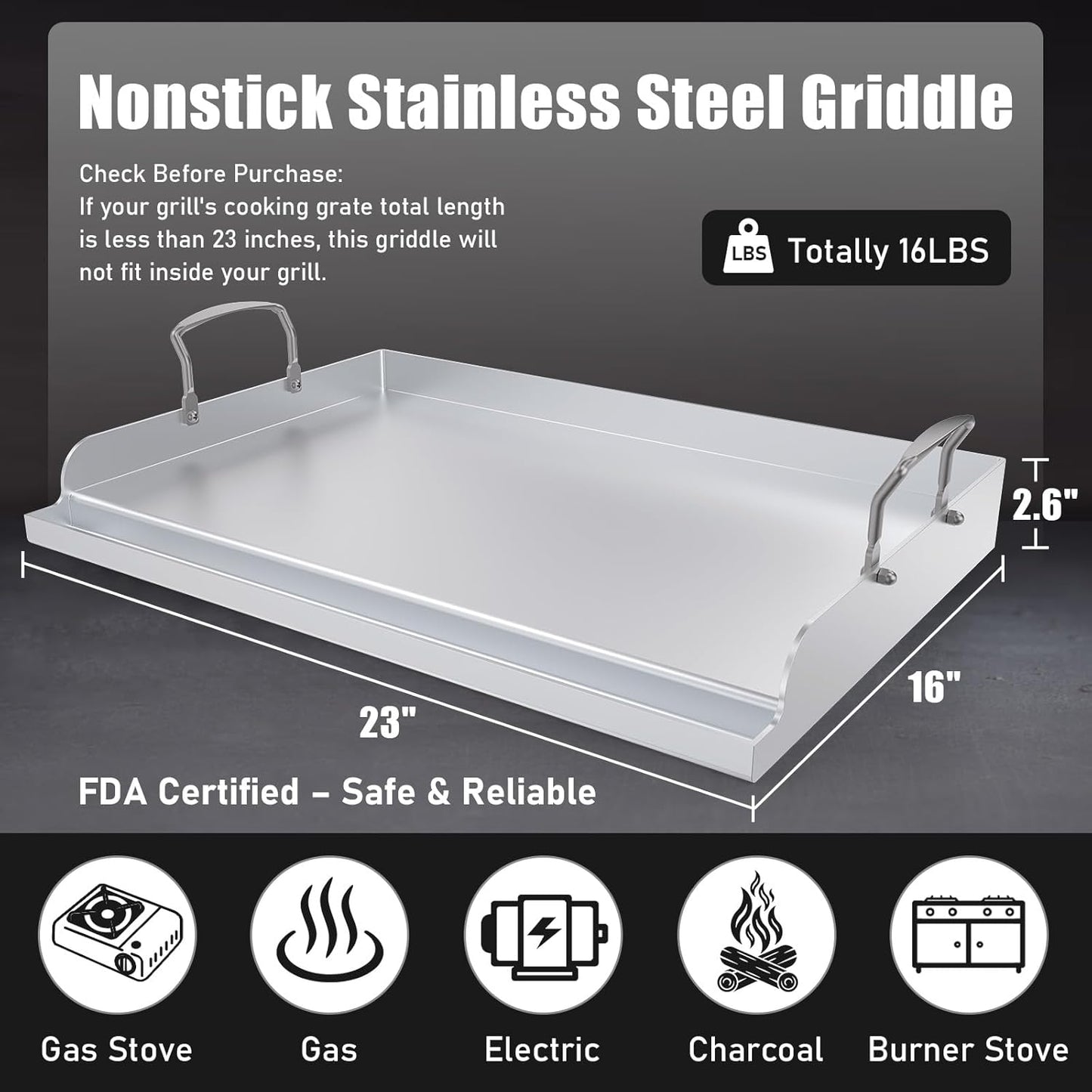 Universal Stainless Steel Cooking Griddle, Nonstick Flat Top Plate Insert for Gas Top Stove and Charcoal Grills, Tailgating, Camping and Parties, 23" x 16" Plancha Para Cocinar