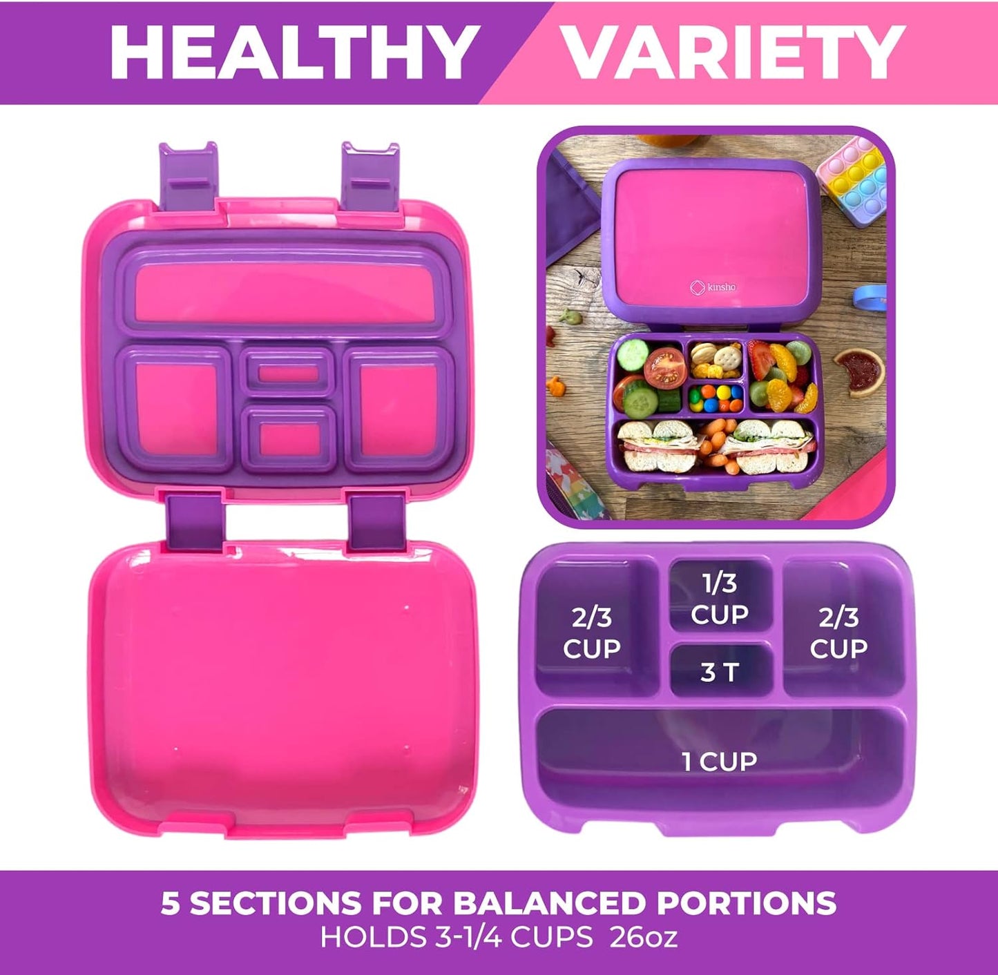 kinsho Bento Lunch Box for Kids Toddlers Girls, 5 Portion Sections Secure Lid, Microwave Safe BPA Free Removable Tray, Pre-School Kid Daycare Lunches Snack Container Ages 3 to 5, Pink Purple