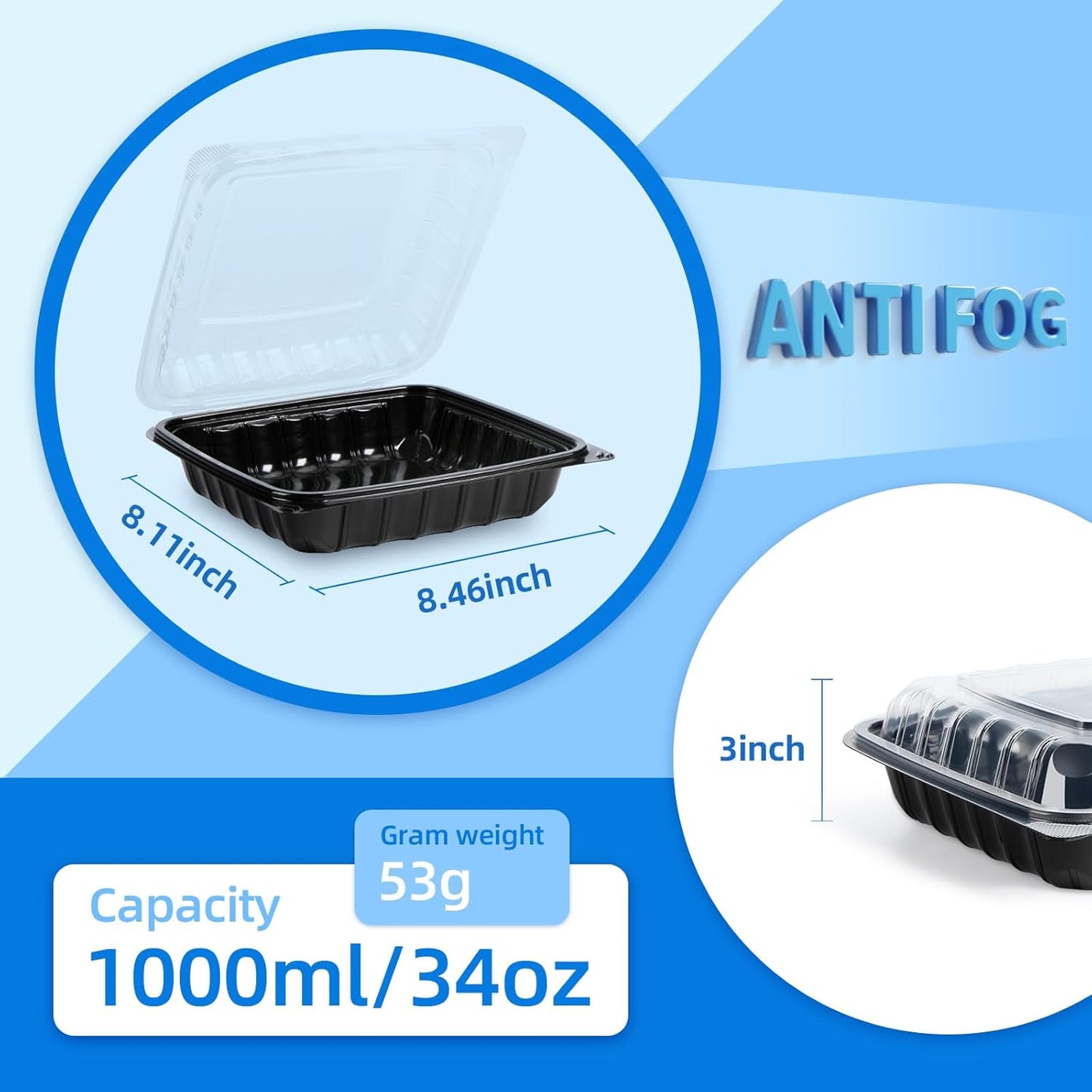 YANGRUI Takeout Containers 8" 34 oz 25 Pack - Steam Resistant Clamshell Lid | Shrink Wrap BPA Free PP Plastic | Reusable Heavy Duty Freezer & Microwave Safe | Restaurant 3 Compartment Food Container