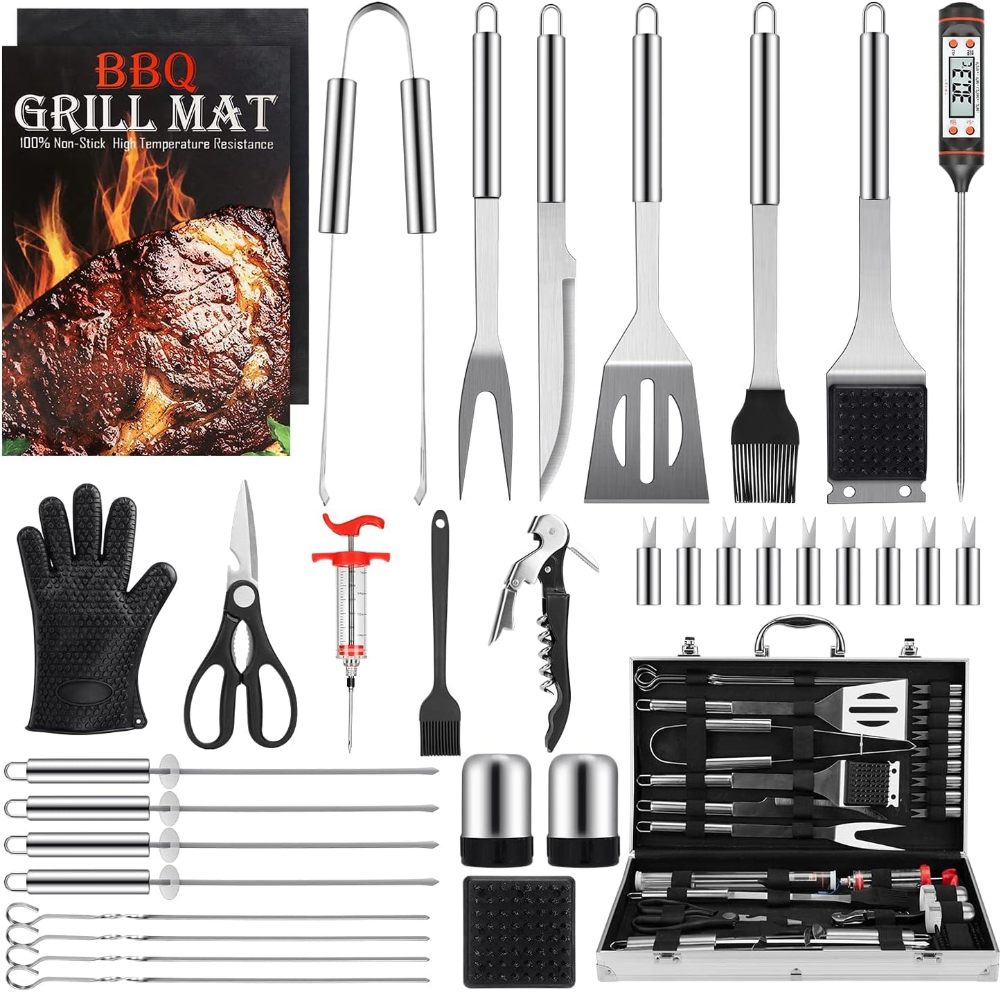 Grill Set, Grilling Gifts for Men, 34PCS BBQ Tools Accessories for Outdoor Grill with Aluminum Case, Spatula,Tongs &Skewers,Smoker Accessories for Birthday, Dad, Wedding