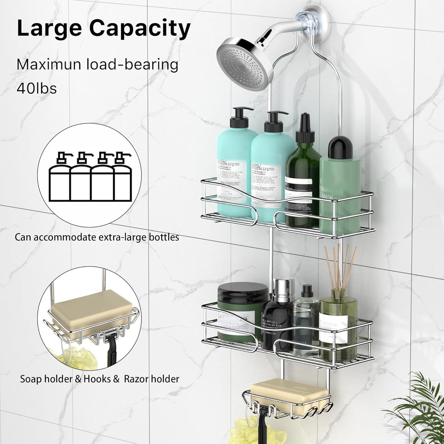 Shower Caddy - Organizer with 6 Hooks, Soap Basket & Self-Adhesive Pad, Silver