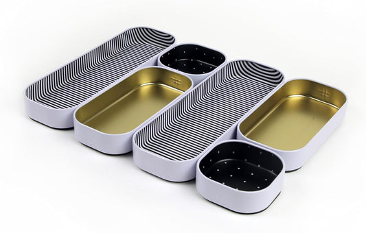 Three by Three Seattle 6 Piece Shallow Metal Organizer Tray Set for Storing Makeup, Stationery, Utensils, and More in Office Desk, Kitchen and Bathroom Drawers (1 Inch, Gold Dots and Stripes)