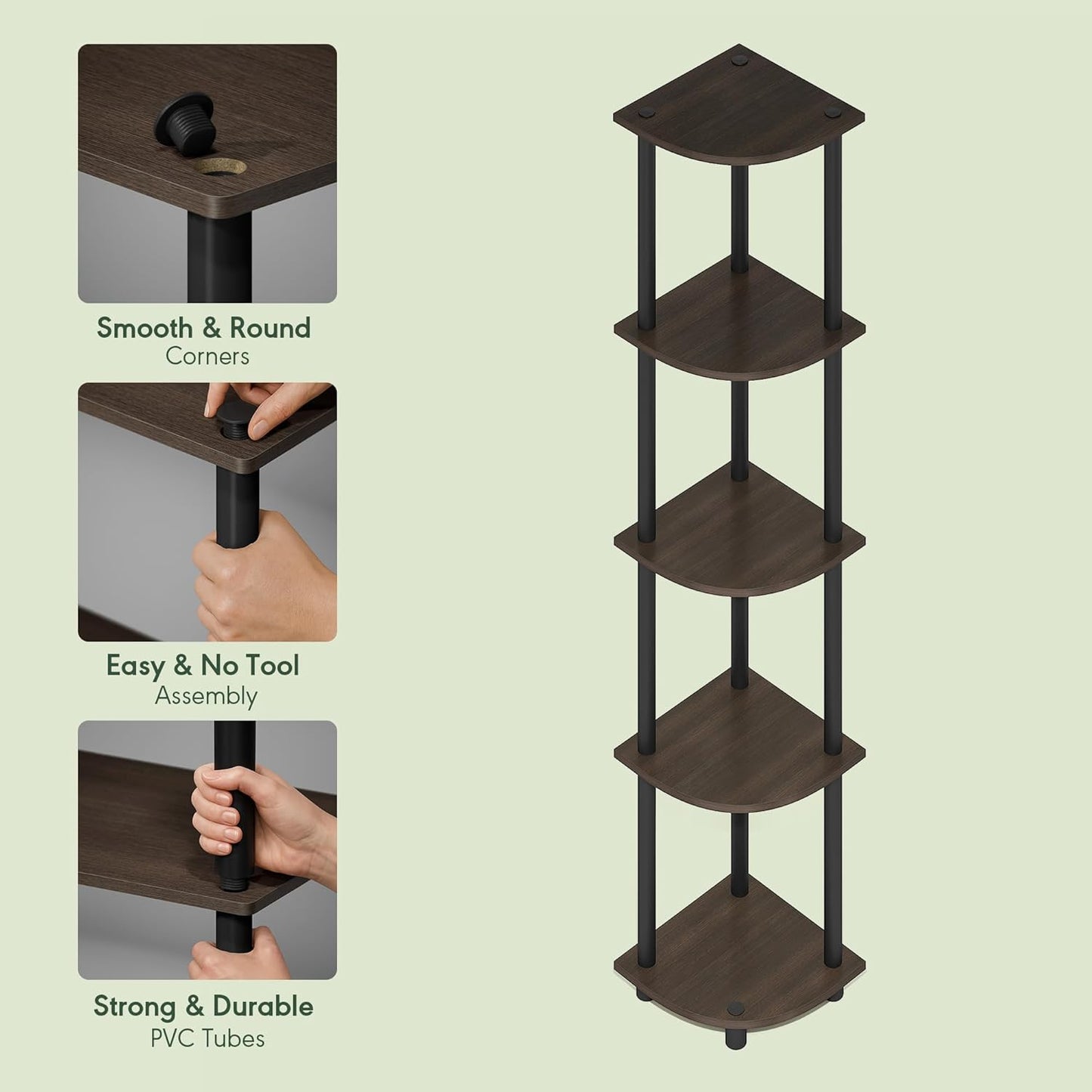 Furinno Turn-N-Tube Corner Shelf, 5-Tier Corner Bookshelf, Open Storage Shelves, for Organization and Storage, Living Room, Home Office, Garage, Bedroom, Brown Grain