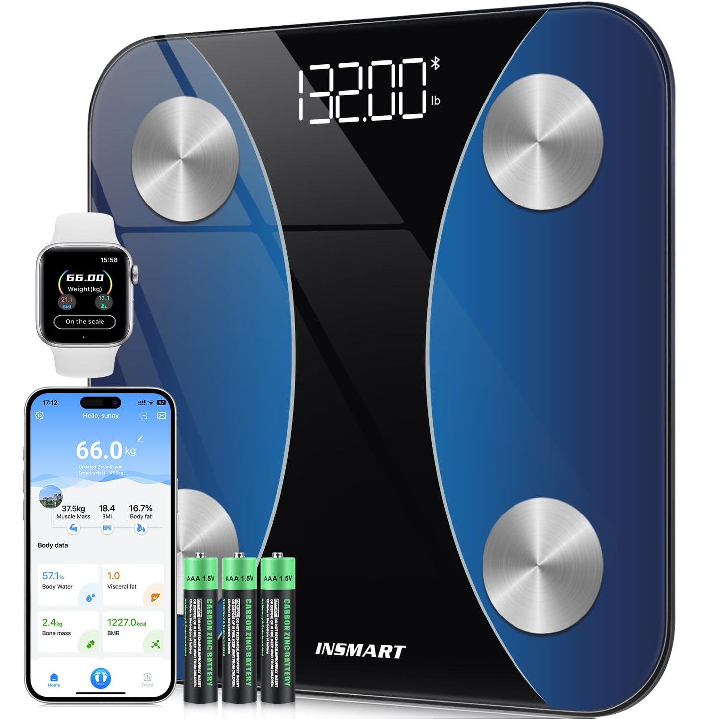 INSMART Smart Scale for Body Weight, Digital Bathroom Scale with BMI, Muscle Mass, Bluetooth Body Fat Scale,17 Body Composition Analyzer with Smart APP Sync Weight Scale, 400 lbs- Blue