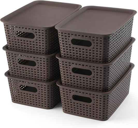 AREYZIN Lidded Storage Bins Plastic Storage Baskets With Lid Organizing Container Knit Storage Organizer Bins for Shelves Drawers Desktop Playroom Classroom Office, 6 Pack,Brown