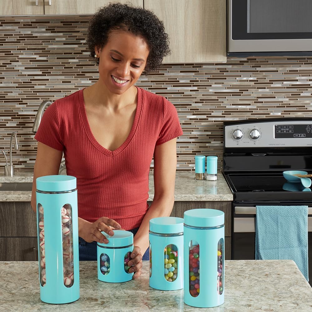 Kitchen Canisters Set For Countertop By Home Basics | Retro-Styled Canisters For Kitchen Counter | Stainless Steel and Glass, See-Through Windows (Turquoise), 4 Pieces