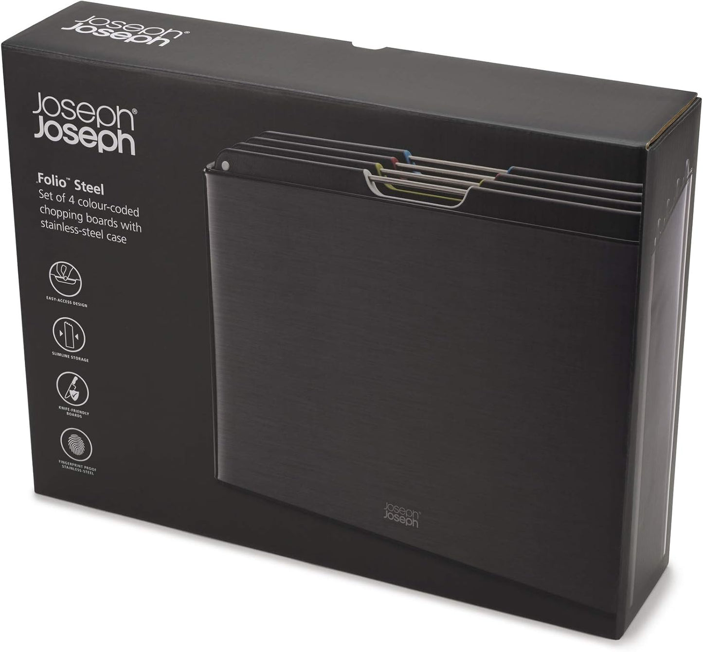 Joseph Joseph Folio 4-Piece Colour coded Cutting Board Set, Stainless Steel Slimline case for organized Kitchen storage, Black