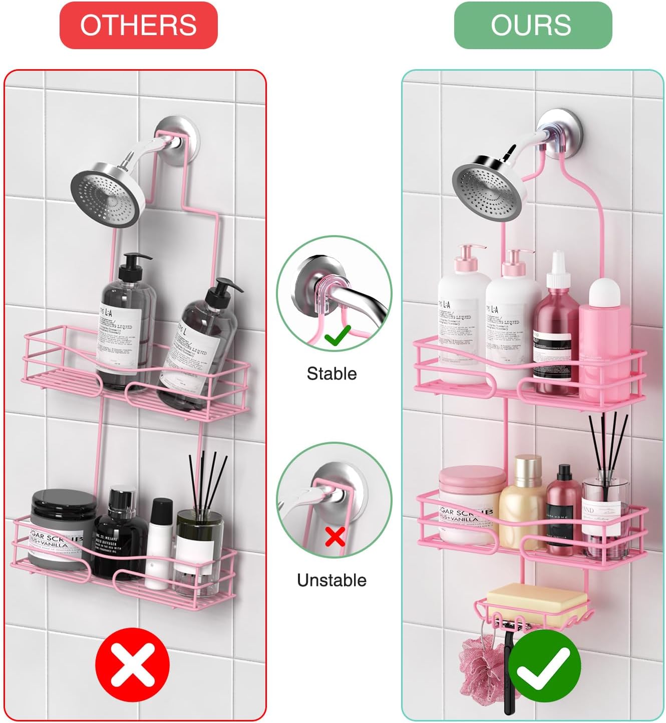Pink 3-Tier Over Head Shower Caddy with Soap Holder & 6 Hooks - Hanging Shower Caddy for Bathroom Organizer